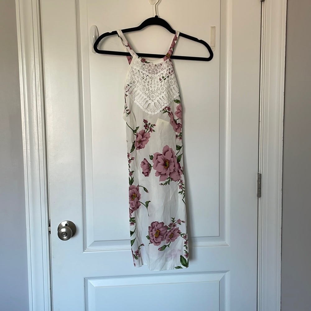 White and pink floral halter neck summer dress